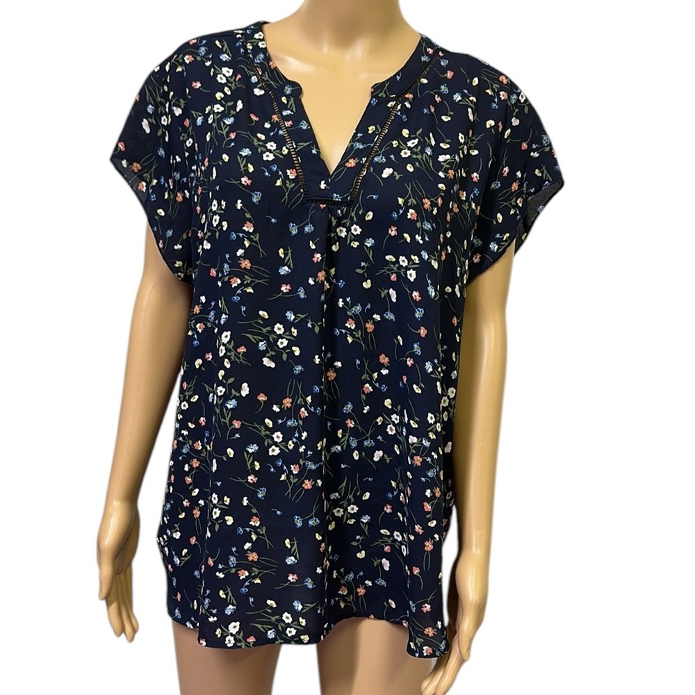 41 Hawthorn Navy Blue Floral V Neck Short Cap Sleeve Lightweight Top Womens XXL